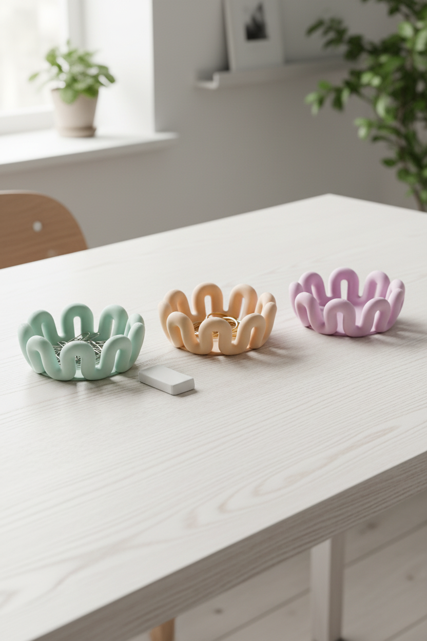 Three wibble bowls side by side on oak desk with small items - lifestyle