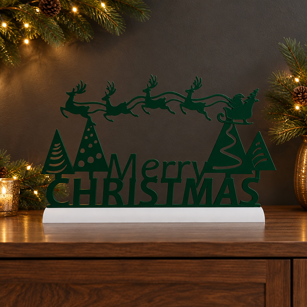 Forest green Merry Christmas sign with a fixed white base on a festive sideboard