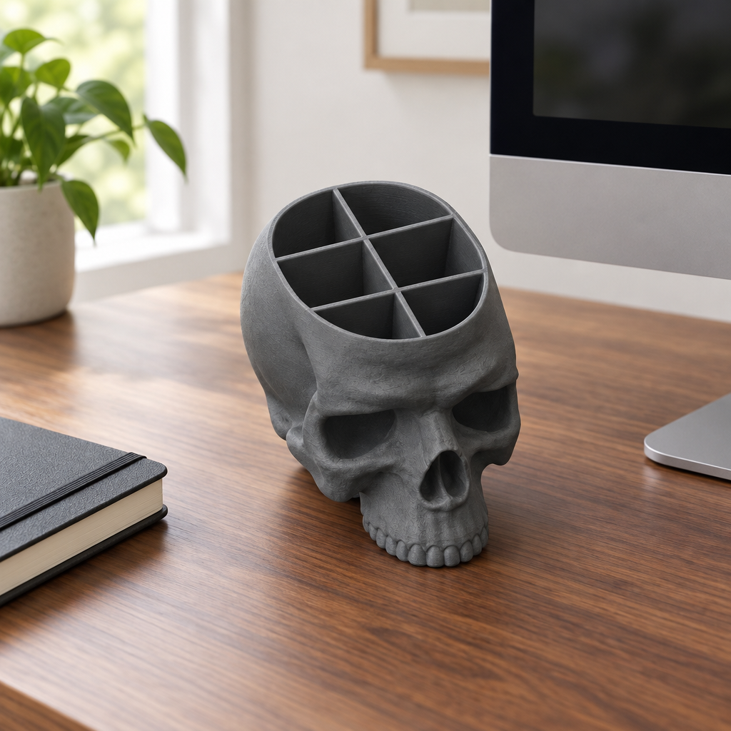 Gray skull desk organiser with divided compartments on a walnut home-office desk