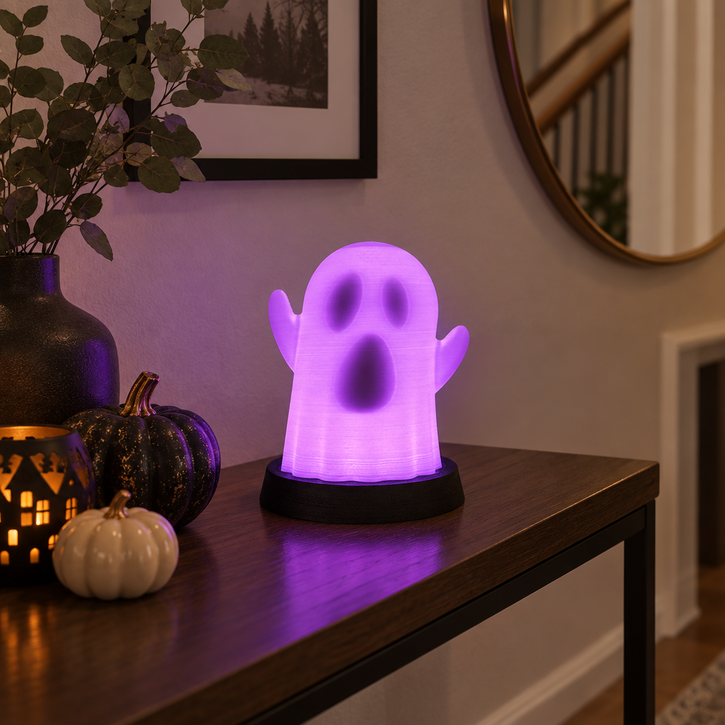 Neon Purple Ghost Lamp glowing with its hidden face revealed on a hallway console