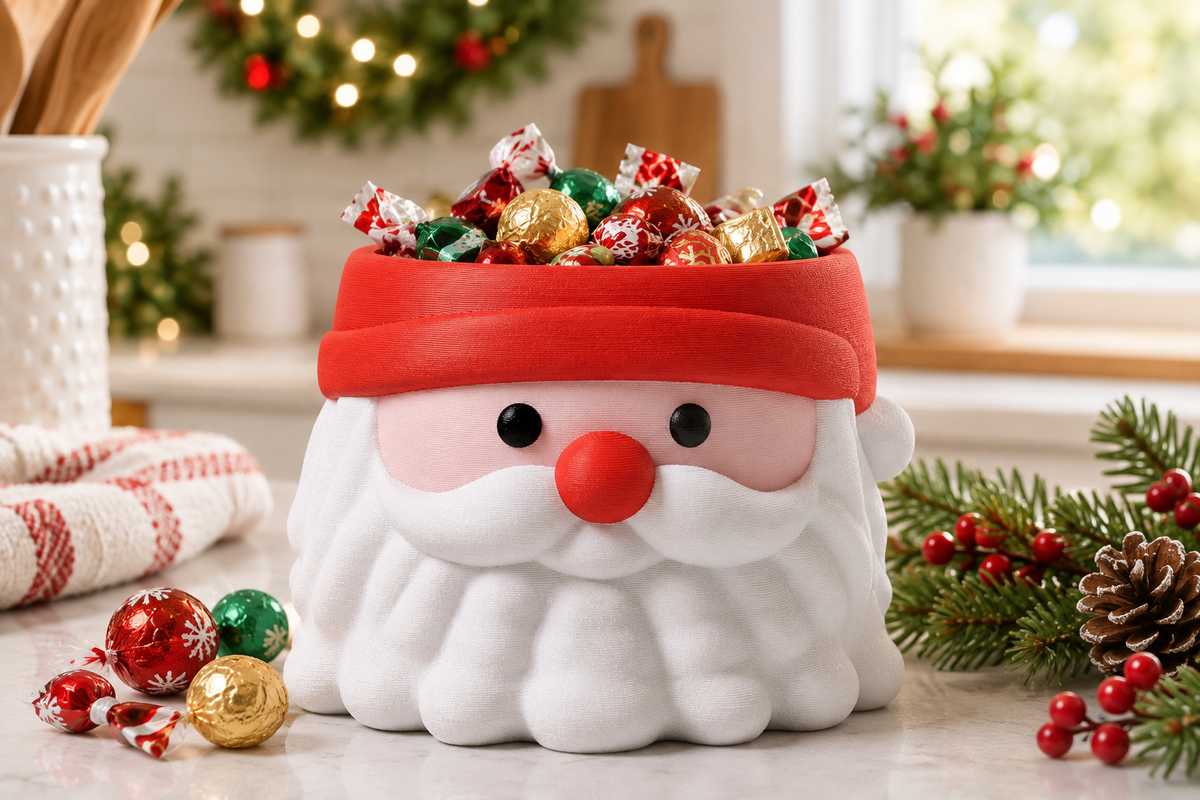 Santa Head sweet bowl styled with wrapped treats on a bright festive kitchen counter