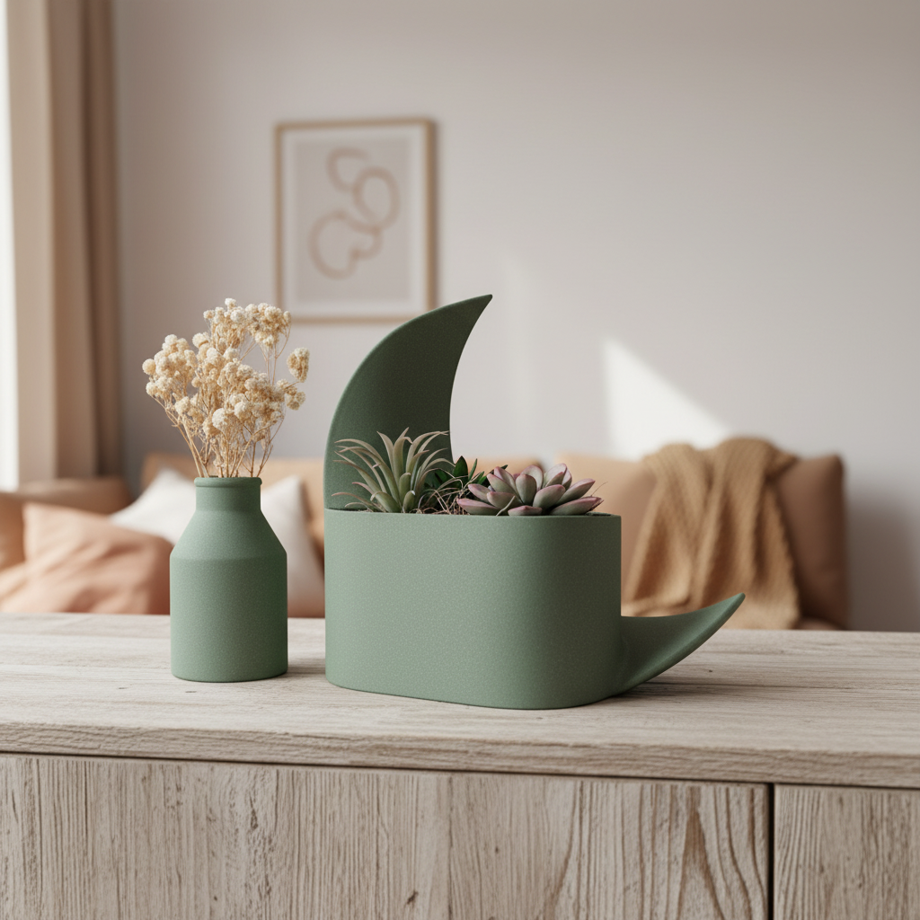 Sage green crescent planter and vase set with succulents on a wooden sideboard in a Scandinavian interior