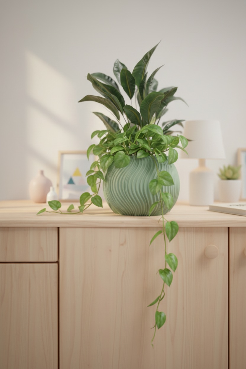 Modern Wave-Pattern Planter sage green matte globe pumpkin-ribbed swirling wave panels compact pothos trailing vines pale oak desk bright minimal home office ceramic lamp notebook soft morning window light portrait