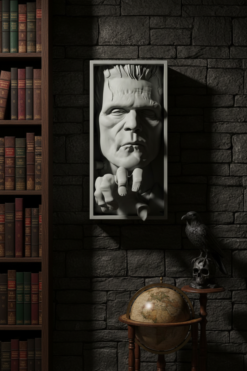 Frankenstein monster relief sculpture grey framed box mounted dark stone wall moody gothic library leather bound books globe raven sculpture dramatic raking side light atmospheric portrait