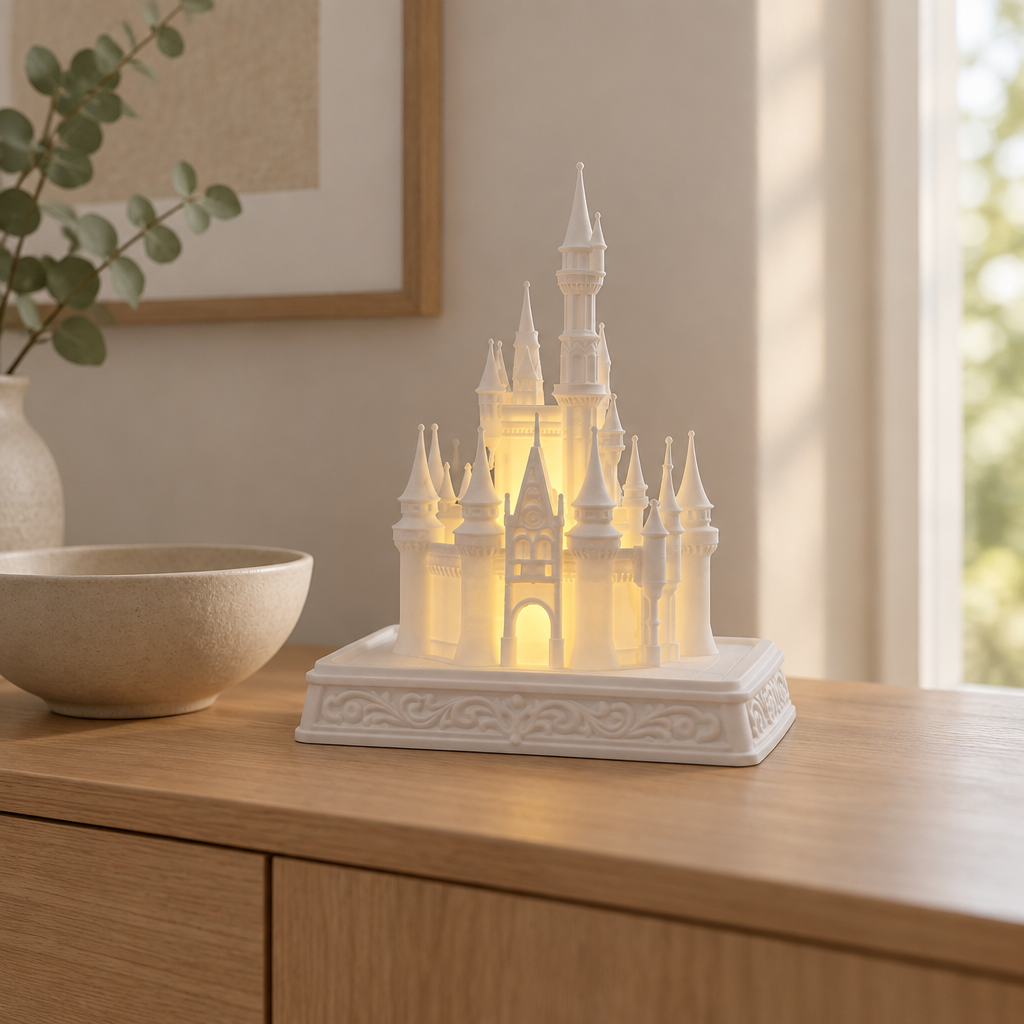 White castle tealight holder on a Scandinavian sideboard with neutral décor