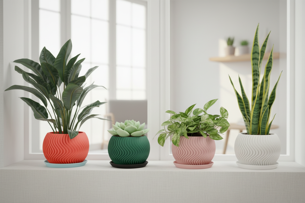 Four Modern Wavy Planter Pots coral red sage green soft pink chalk white each with matching drainage tray each holding different houseplant succulent pothos fern snake plant pale linen windowsill bright contemporary interior soft daylight wide editorial landscape