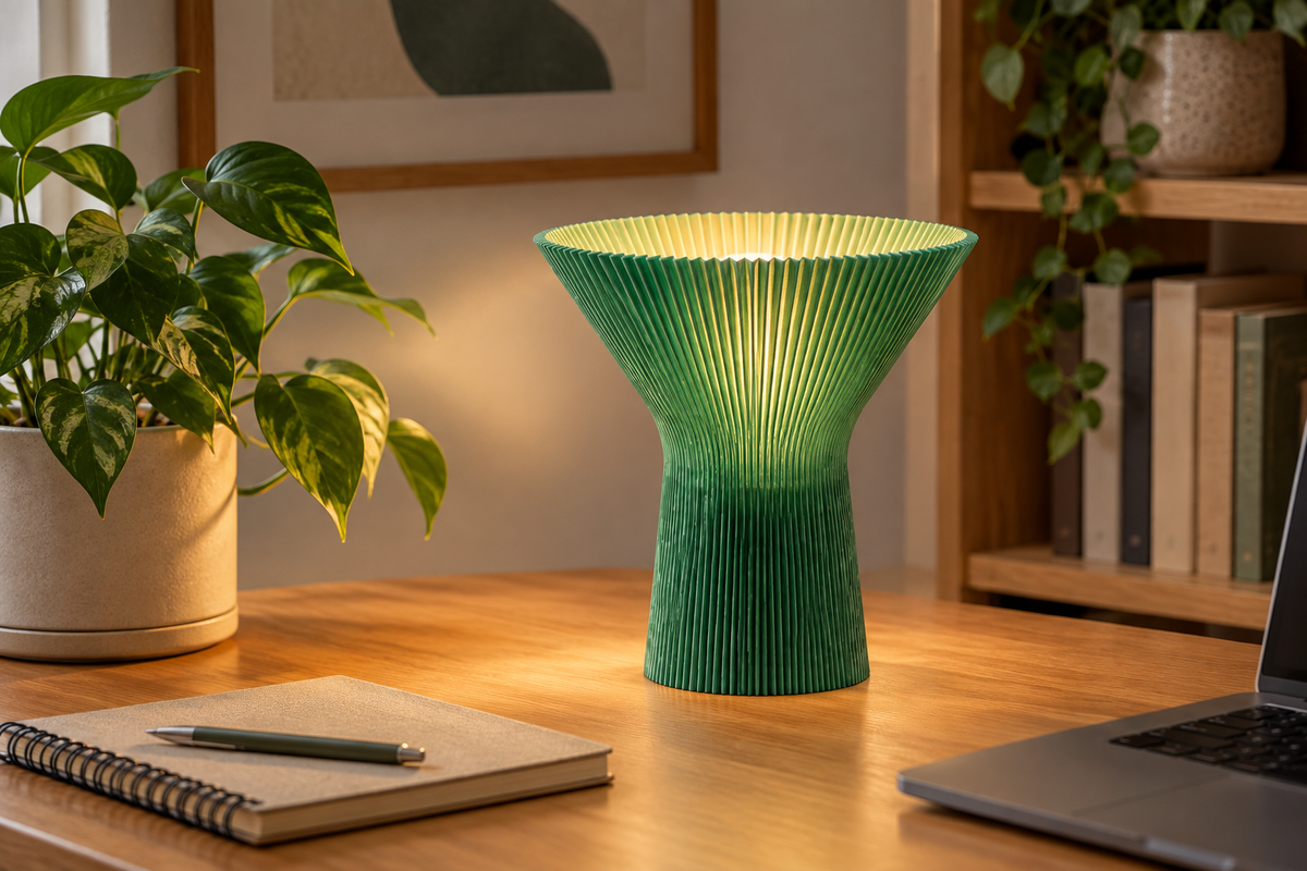 Green pleated inverted funnel lamp styled on a tidy home-office desk.