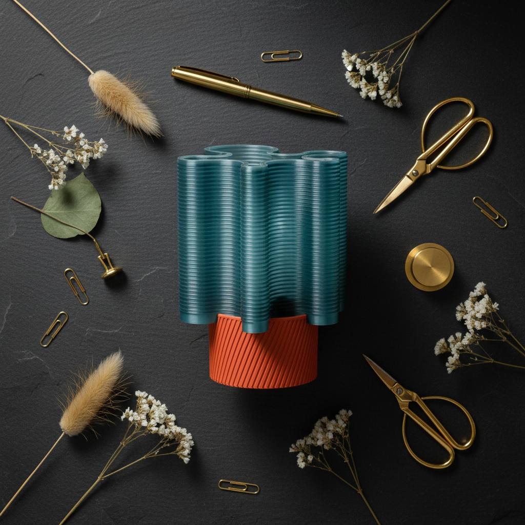 Wavy ripple lamp flatlay on dark slate with gold stationery