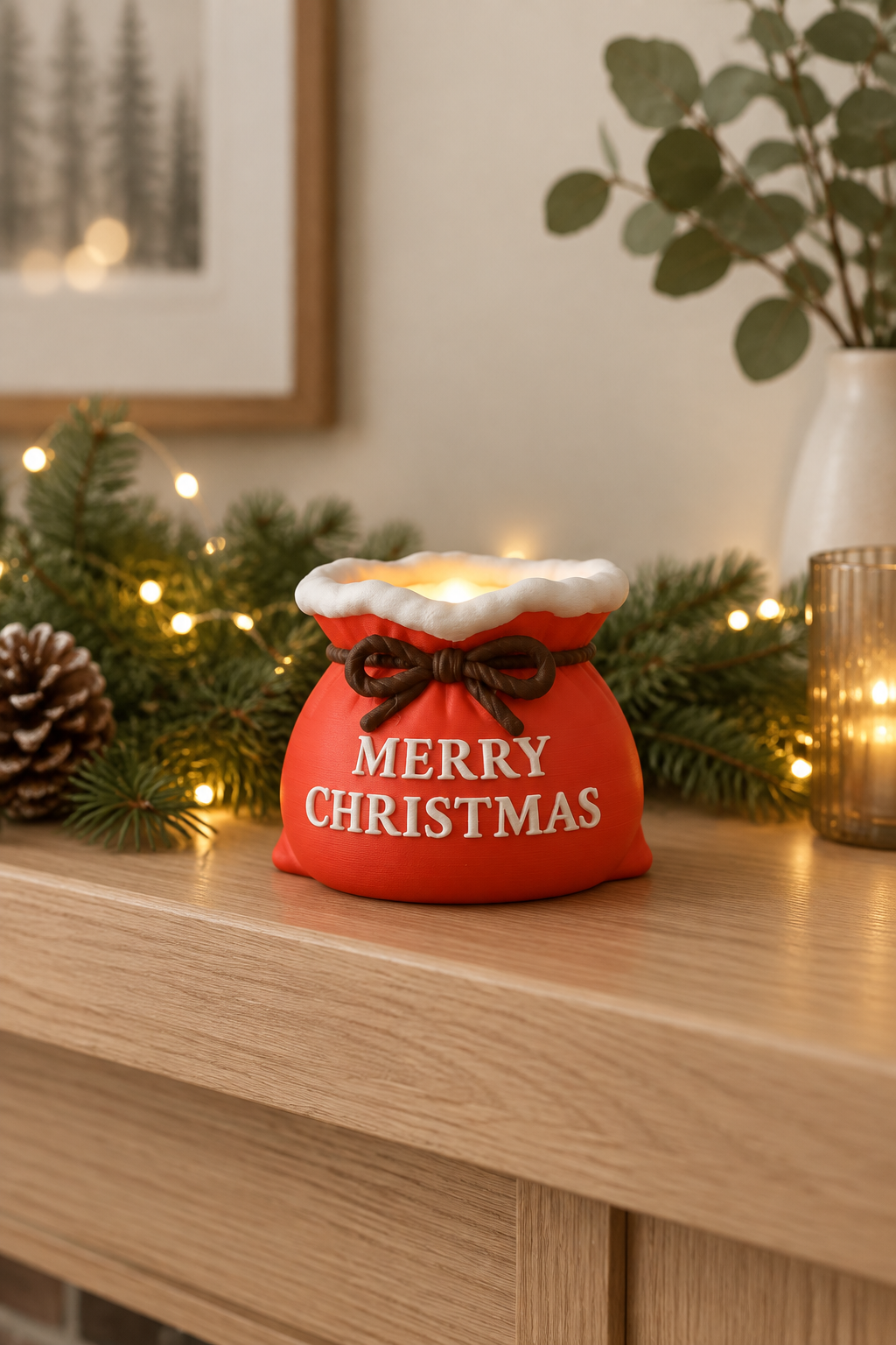 Red Christmas sack tealight holder on an oak mantel with evergreen and soft festive lights.