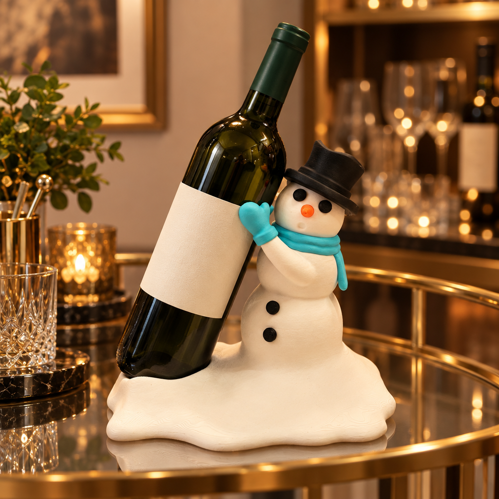 Snowman bottle holder displaying a plain dark bottle on an indoor bar cart