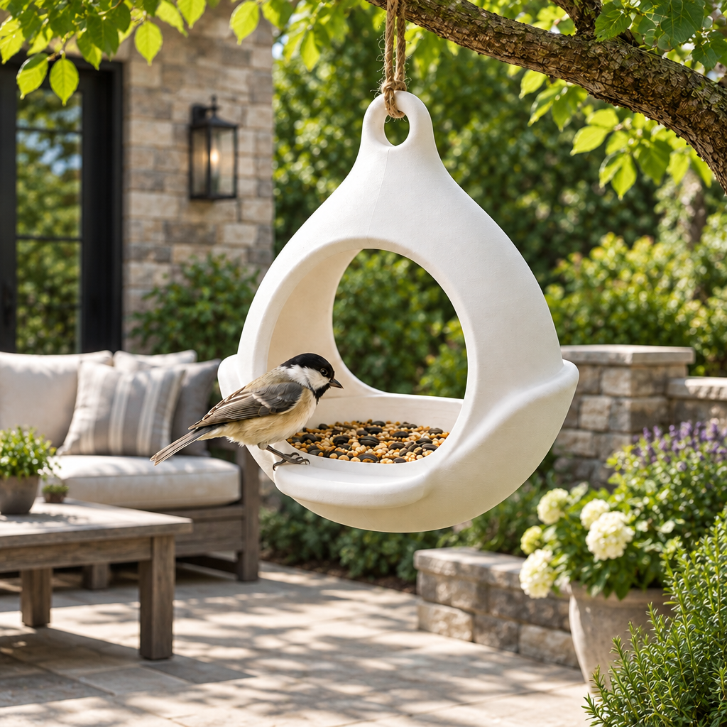 Drop feeder on modern stone patio