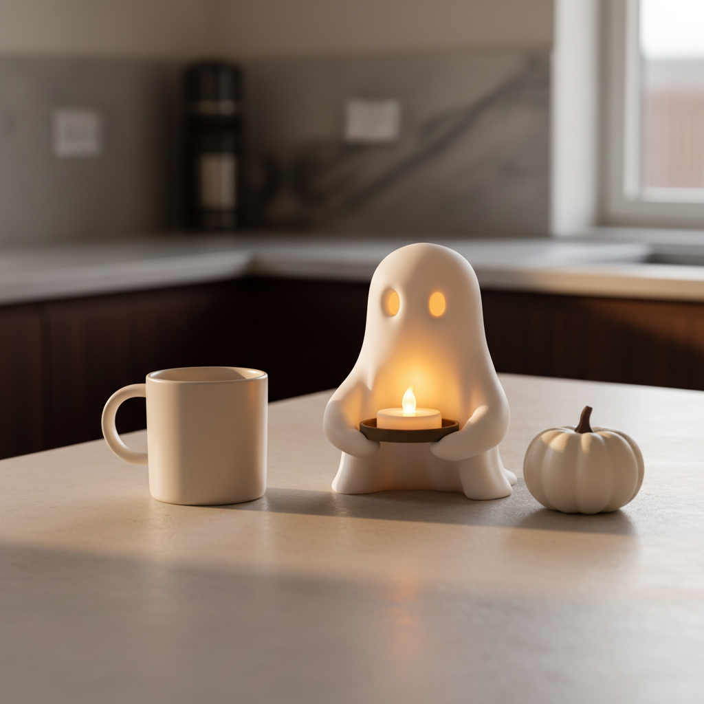 Cute ghost LED candle tray on a minimalist kitchen breakfast bar