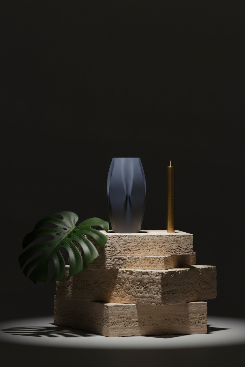 Charcoal quad ripple vase on travertine plinth with monstera and brass candle moody dark luxury lifestyle