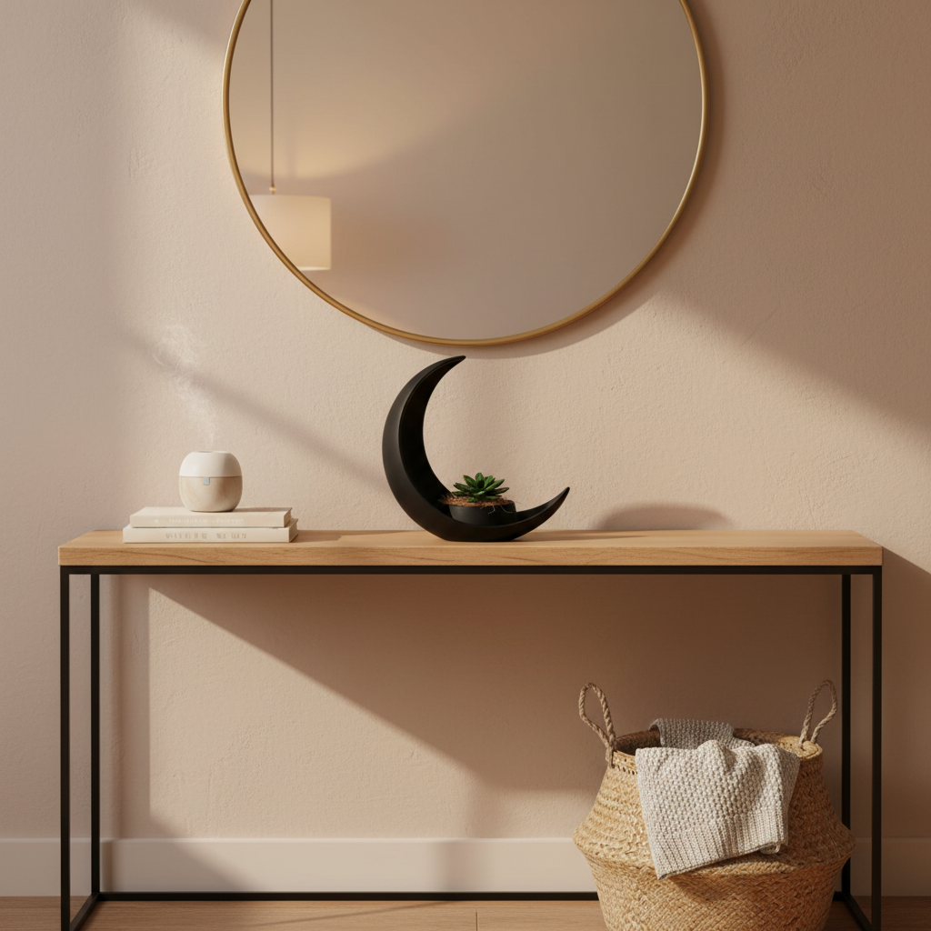 Black crescent moon planter with succulent on an entryway console