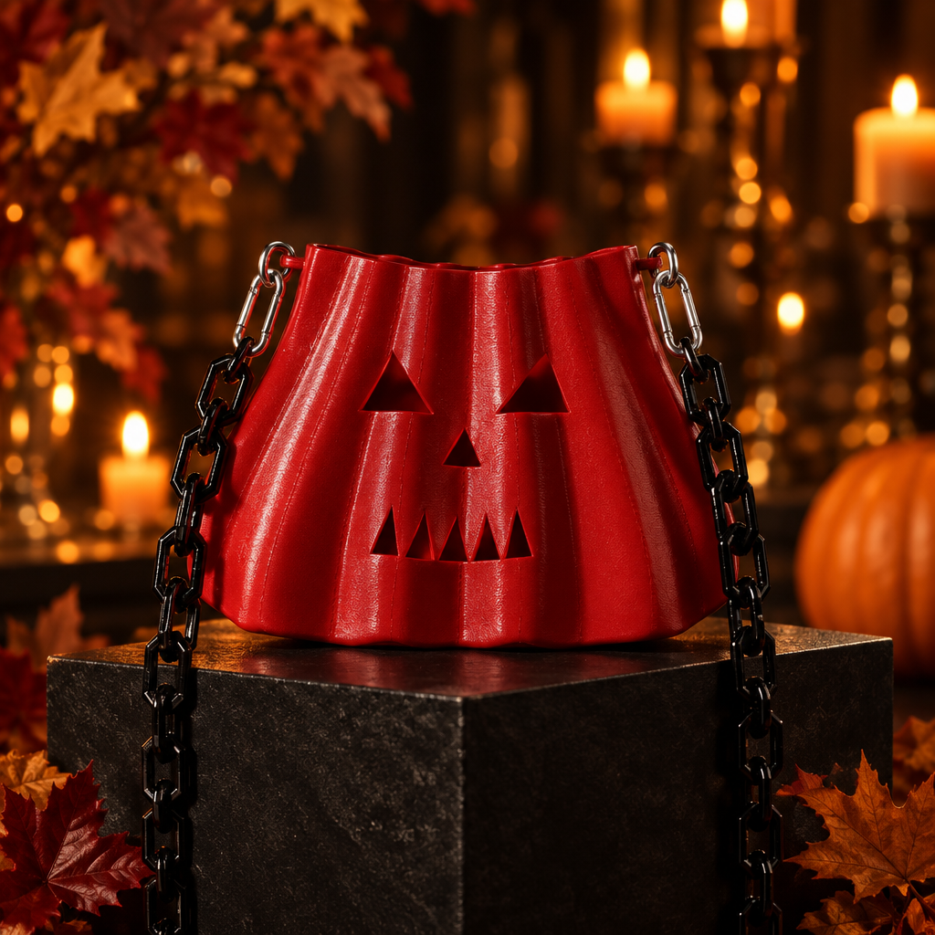 Red pumpkin-shaped bag with black chain details displayed in a Halloween party setting