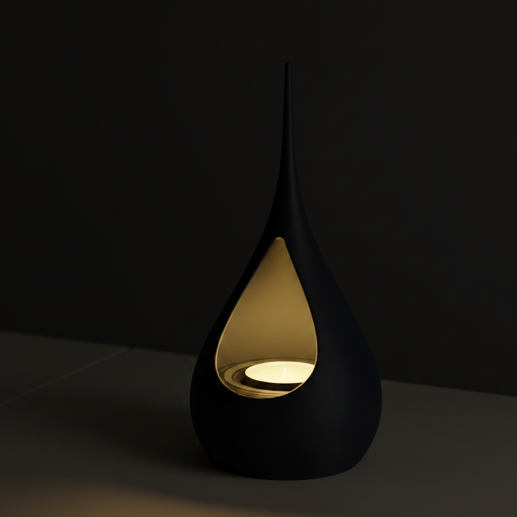Teardrop LED Tealight Holder navy blue close up macro smooth matte surface teardrop aperture dark studio dramatic side light