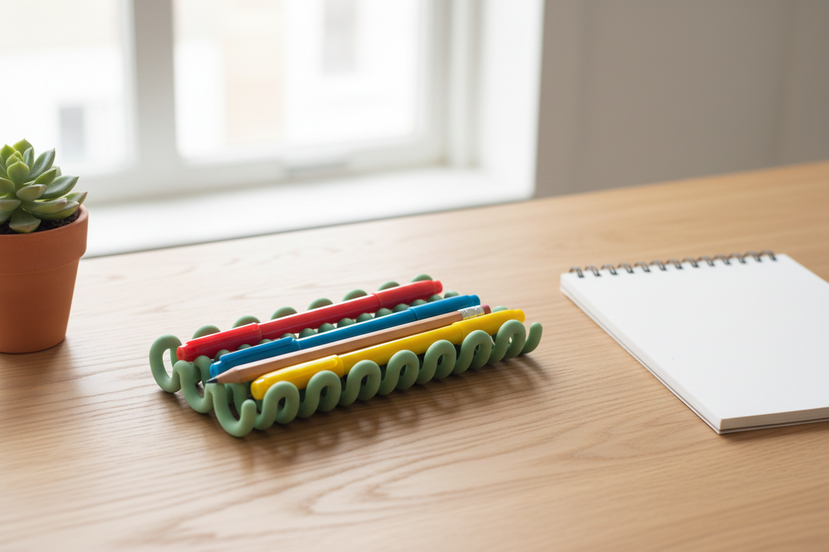 Sage green wibble pen tray on oak desk with pens - lifestyle