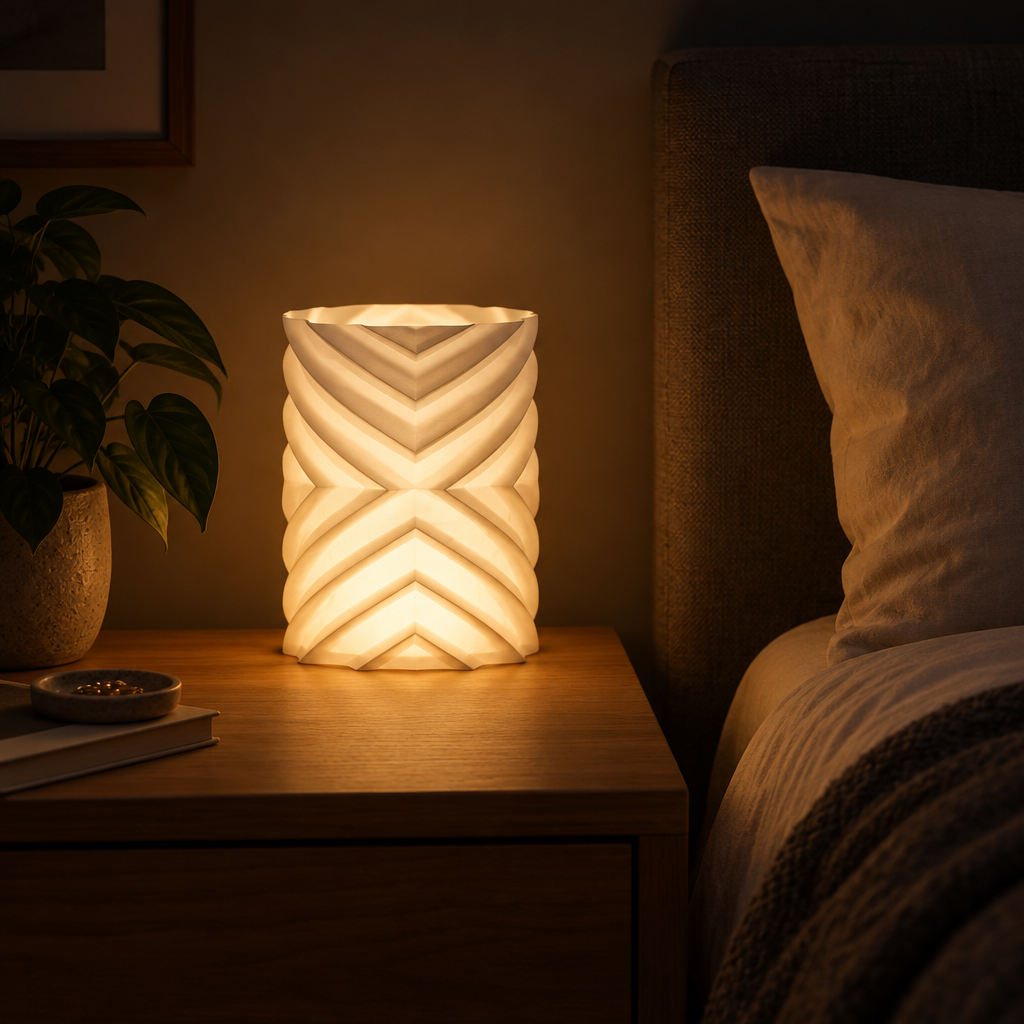 Geometric lampshade glowing warm on a wooden bedside table in a dark bedroom