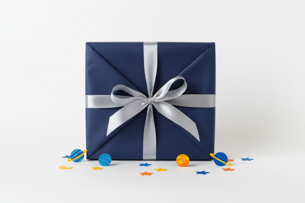 Space shadow box presented as a gift with navy tissue paper, silver ribbon and planet decorations