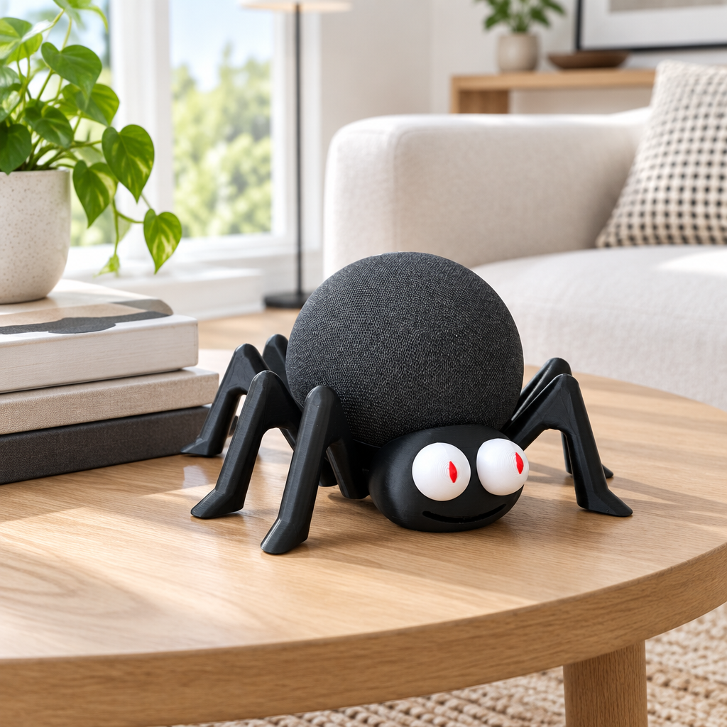 Spider Echo Dot skin on a round coffee table beside a stack of art books
