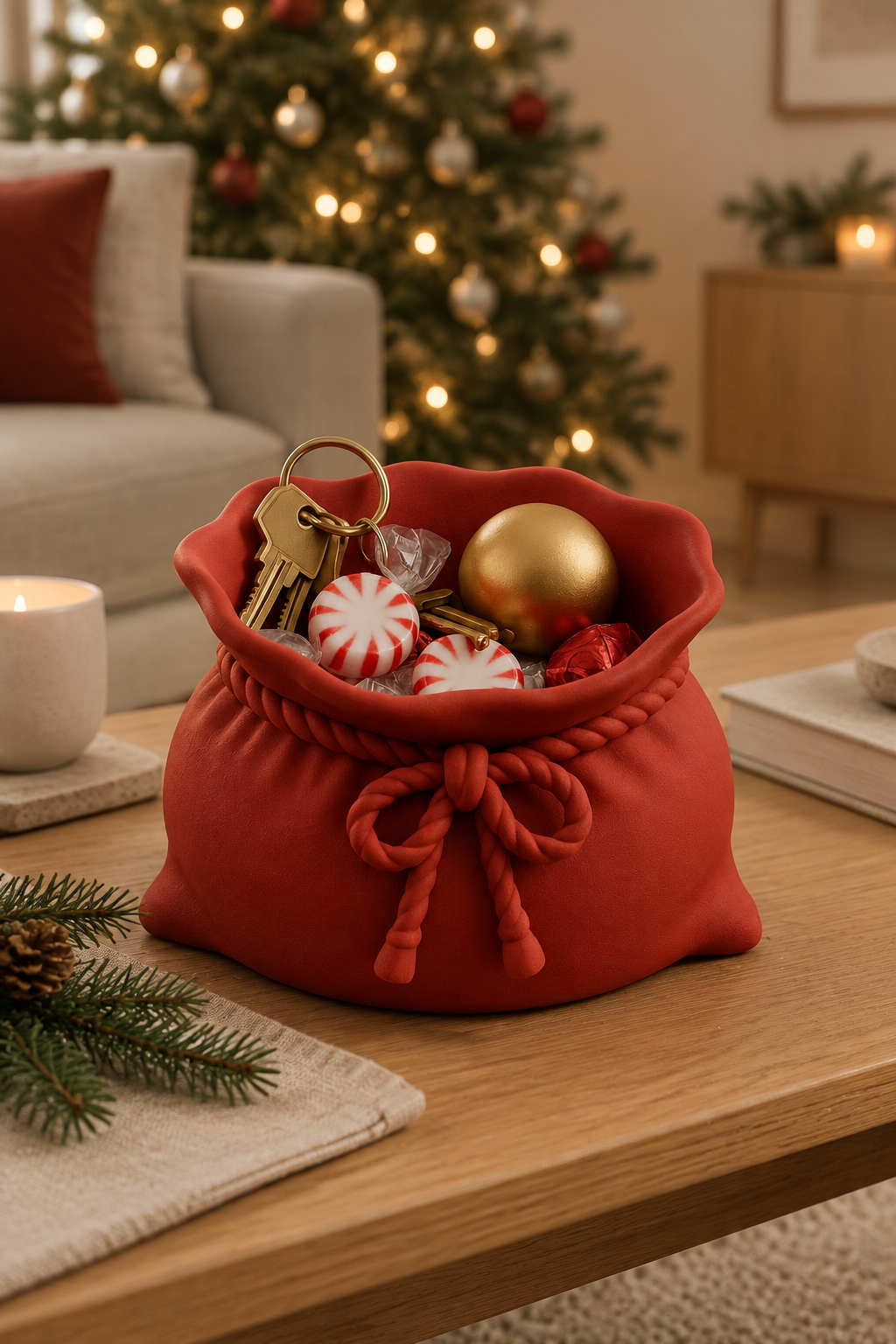 Red sack sweet bowl on a living room coffee table with wrapped sweets