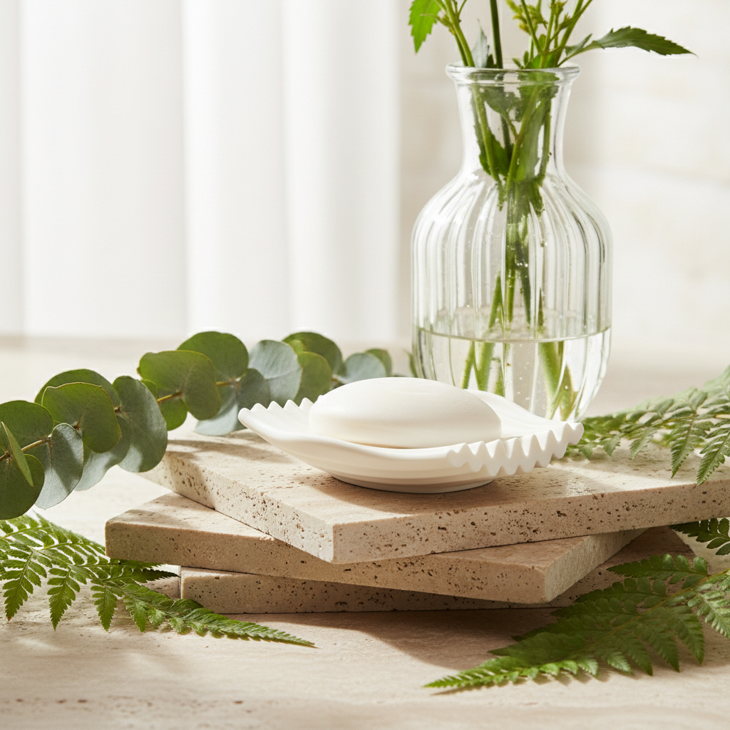 White ripple soap dish on travertine tiles with eucalyptus and fern leaves spa bathroom lifestyle