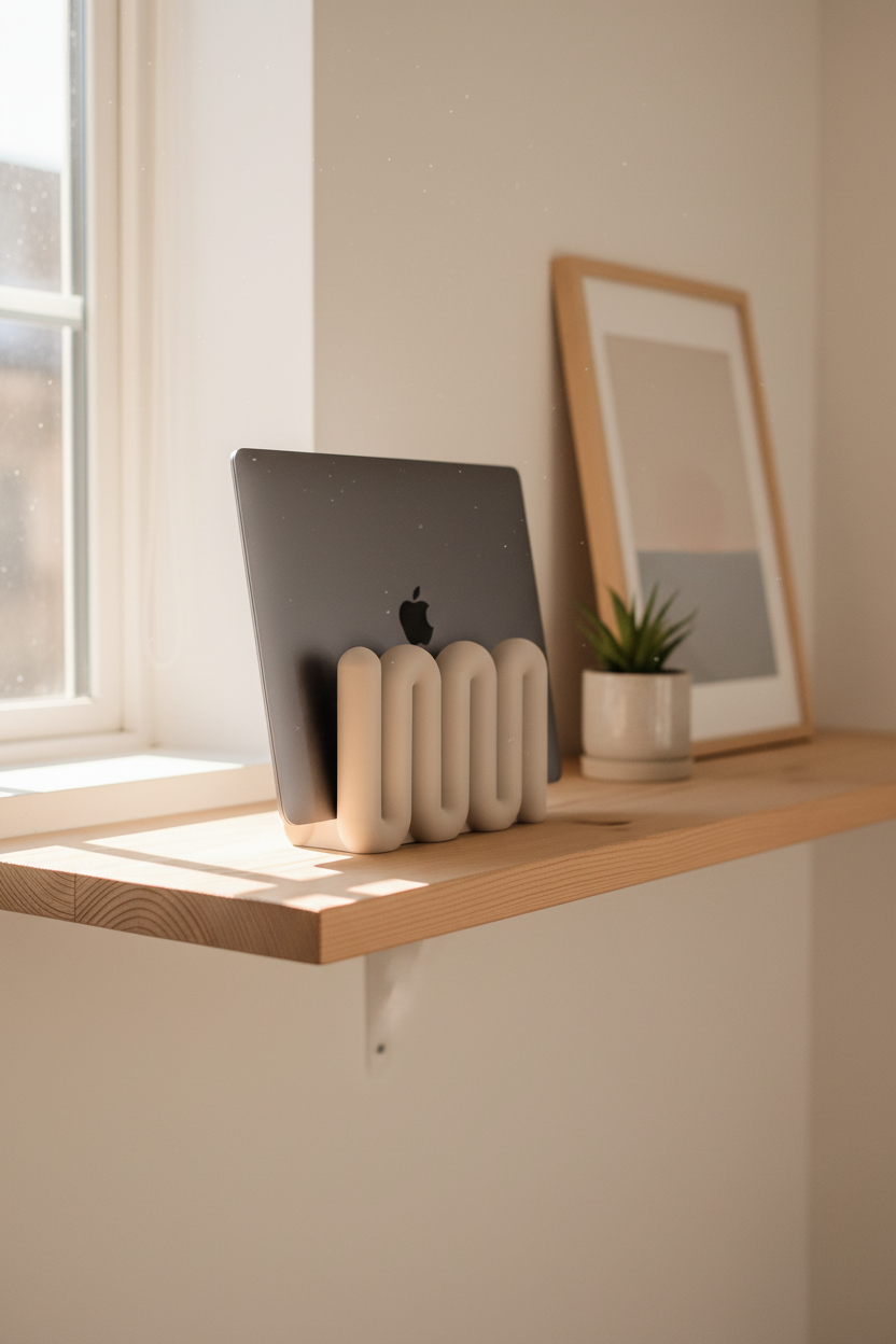 Wibble Vertical Laptop Stand in beige on shelf in Scandinavian home office