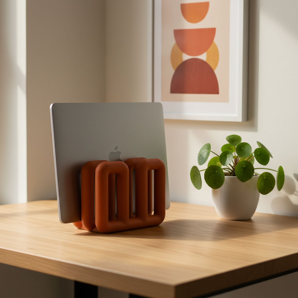 Wibble Vertical Laptop Stand on oak desk with pilea plant and art print