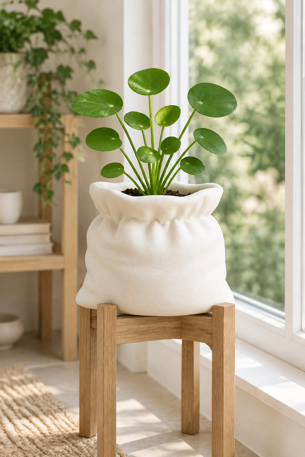 White sack planter displayed with greenery on a conservatory plant stand