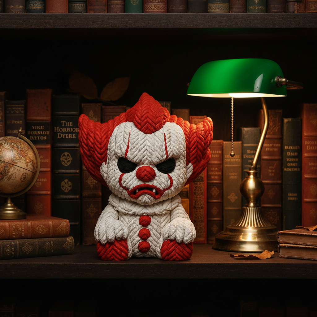 Red and white knitted-texture clown sculpture on a dark academia bookshelf