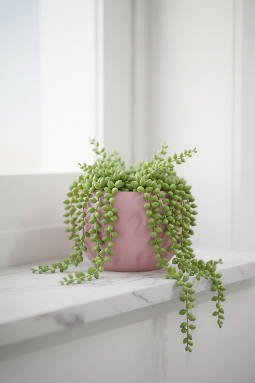 Modern Textured Planter Pot soft dusty pink matte rounded bowl organic flame-dent impressions trailing string of pearls succulent pale marble windowsill bright minimal bathroom soft diffuse natural light portrait