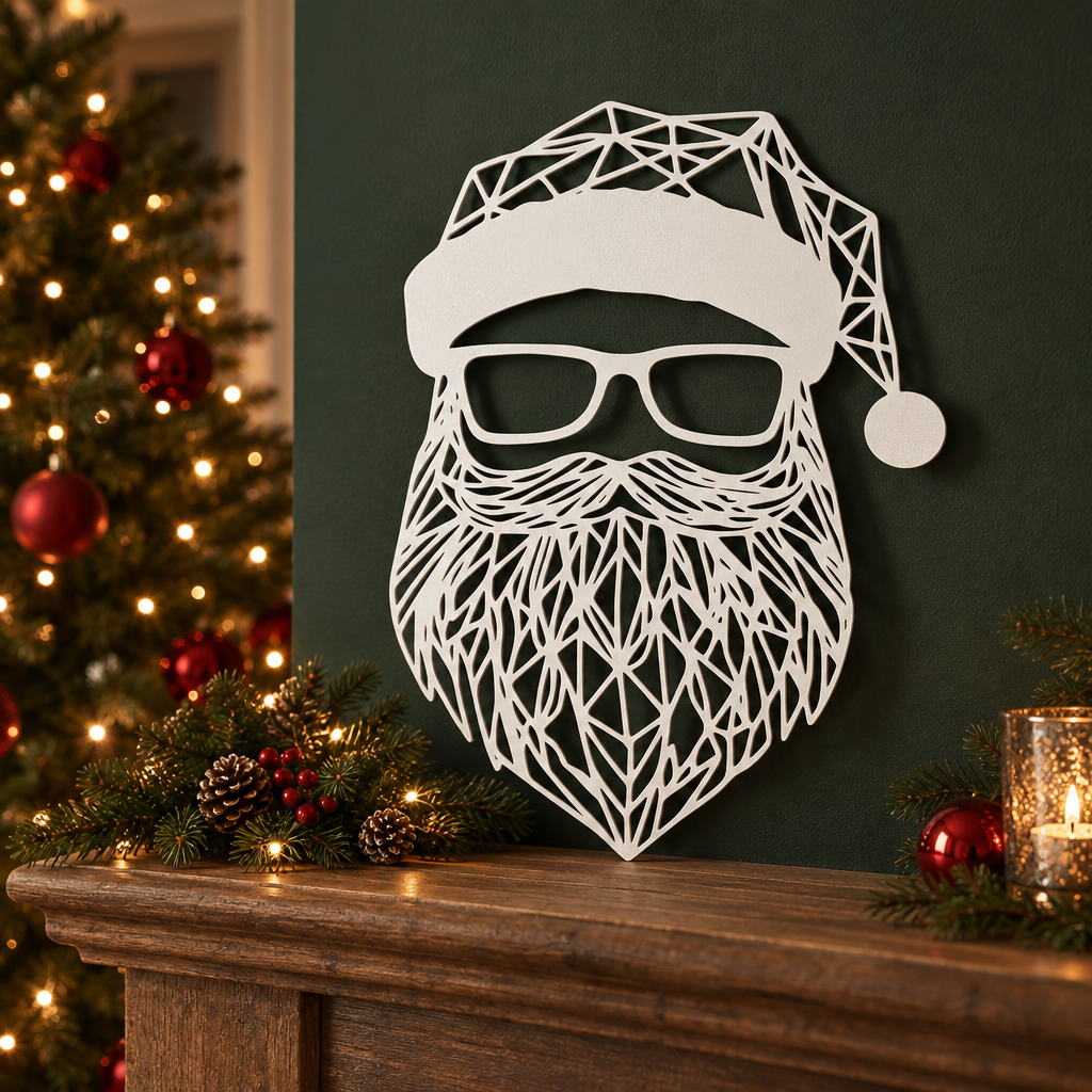 White openwork Santa sign above a mantel with Christmas tree lights and greenery