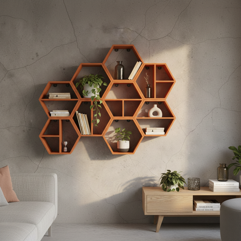 Terracotta orange modular hexagonal shelf set, 9 units on grey wall in boho living room with dried flowers and candles