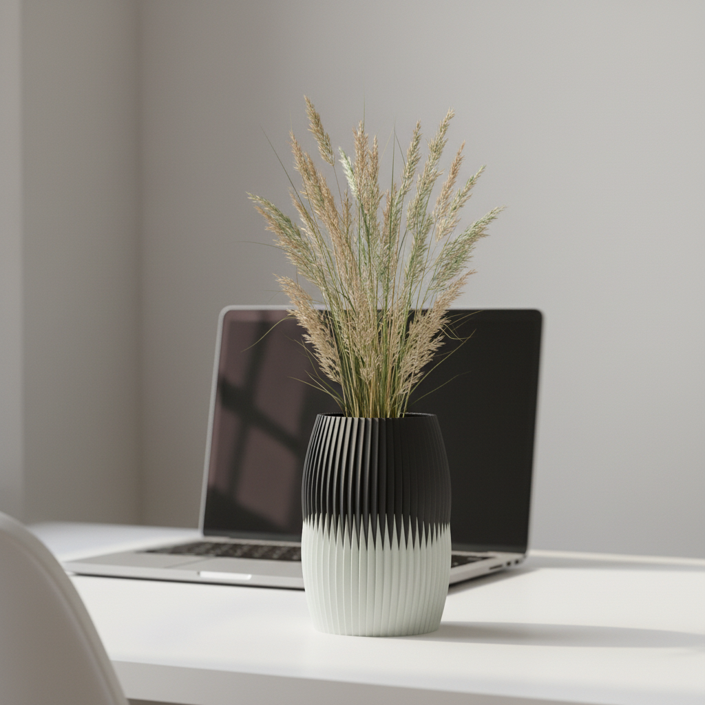 Black and white two-part fluted vase with dried grass on a modern desk