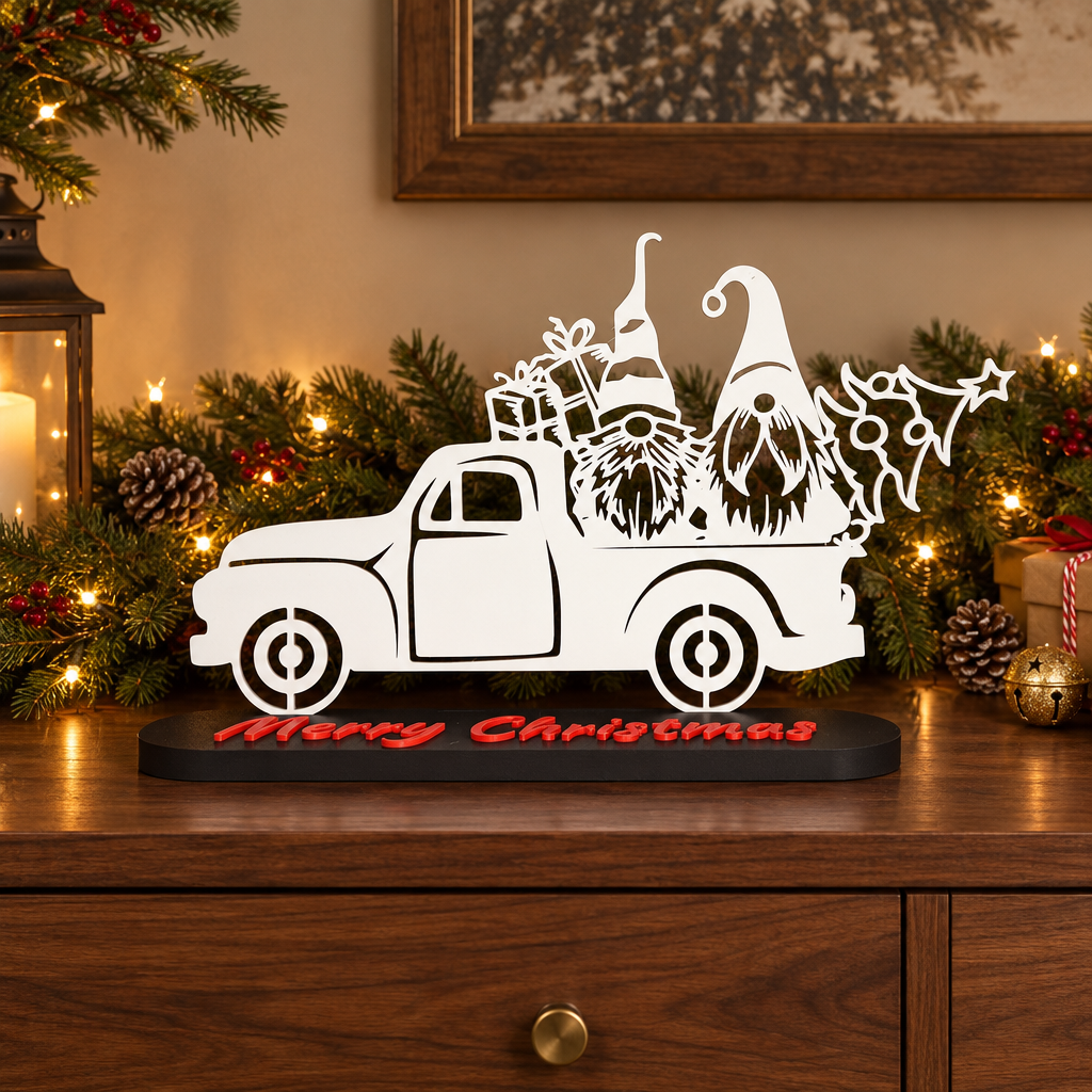 Gonks on Car – Side Christmas topper displayed beside Christmas greenery