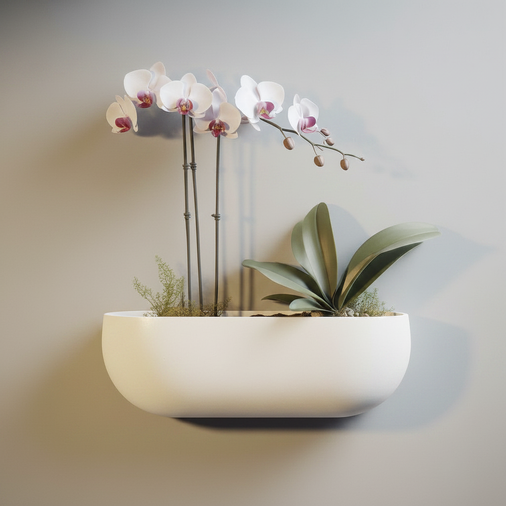 Oval Wall-Mounted Orchid Planter in white — minimalist living room lifestyle