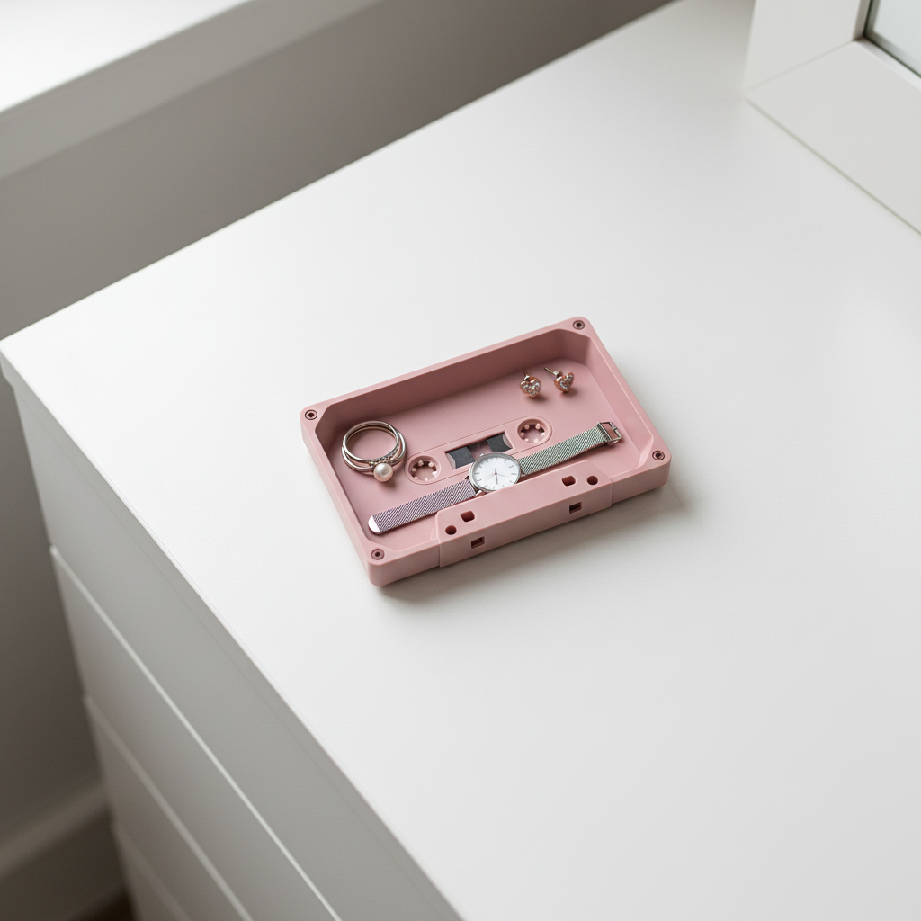 Dusty pink cassette tape tray on dressing table with jewellery and watch