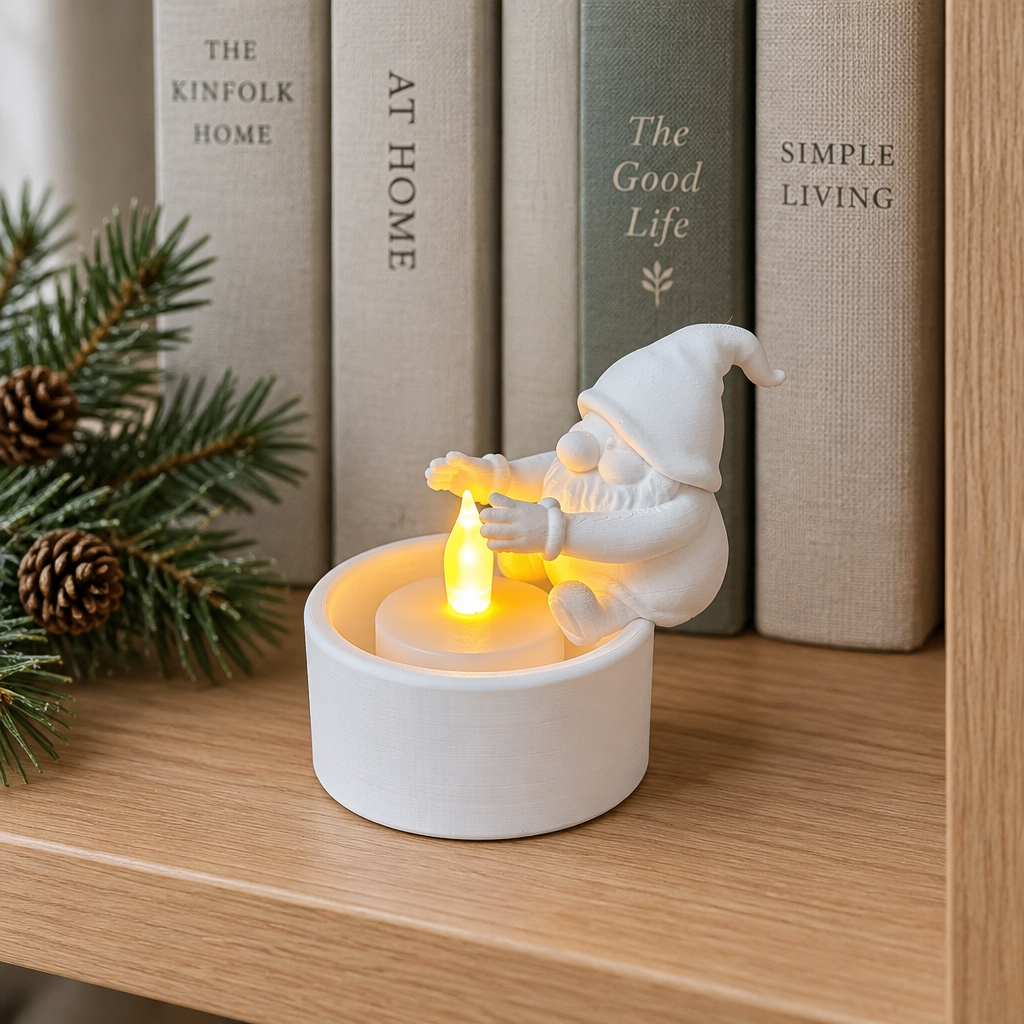Santa gnome tealight cup holder displayed on a bookshelf beside neutral books
