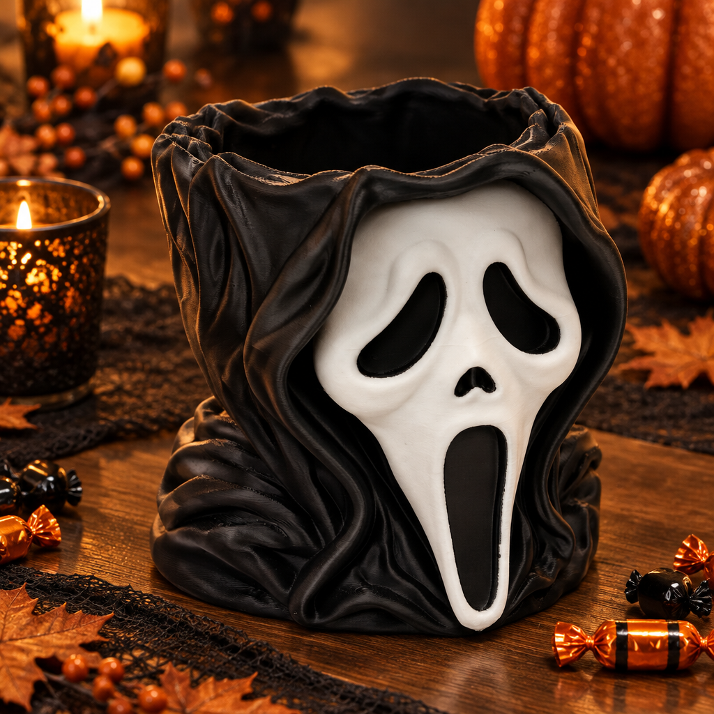 Three-quarter close view of the Ghostface-inspired head bowl showing the open top and white mask