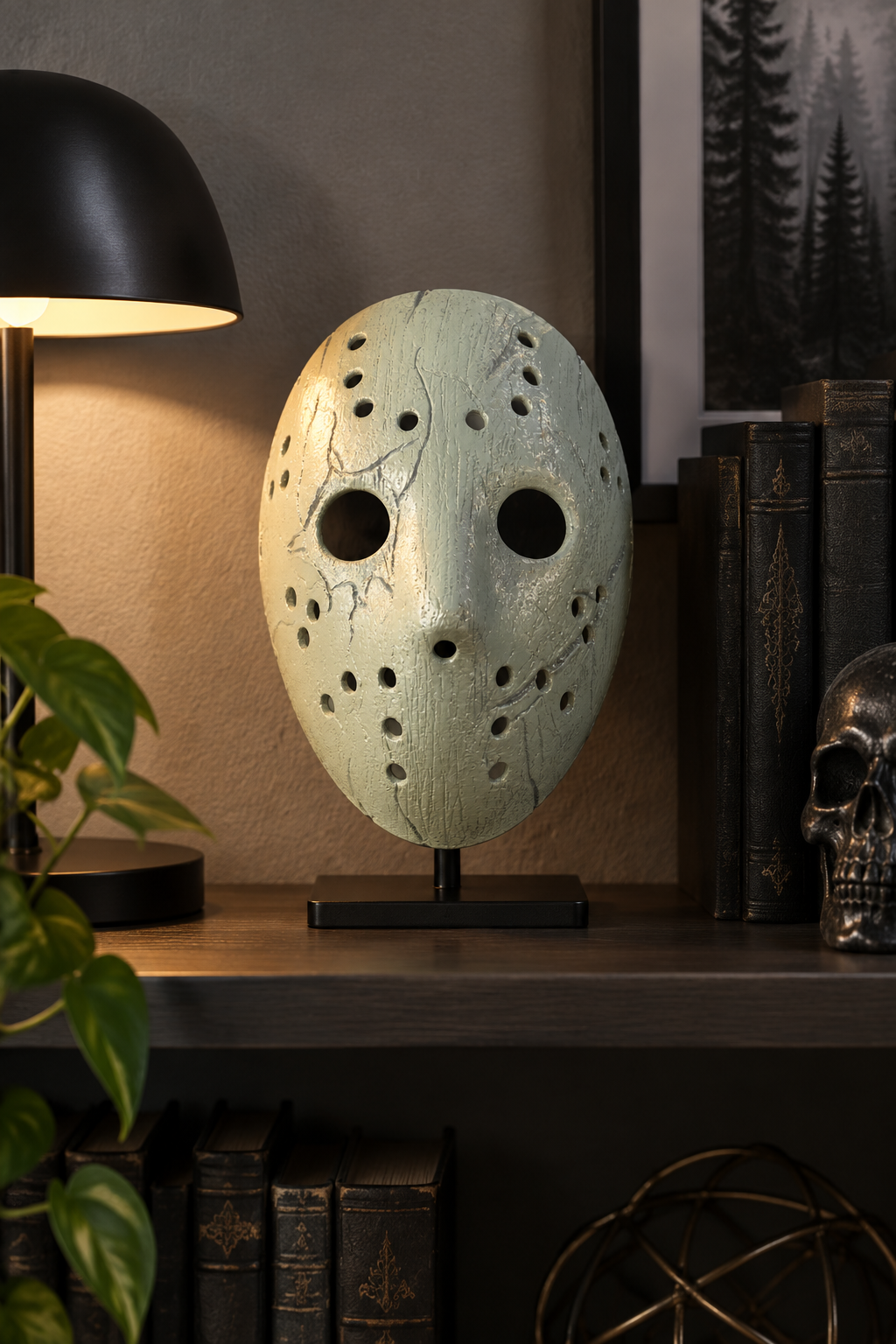 Pale weathered Jason Mask on a modern home office shelf