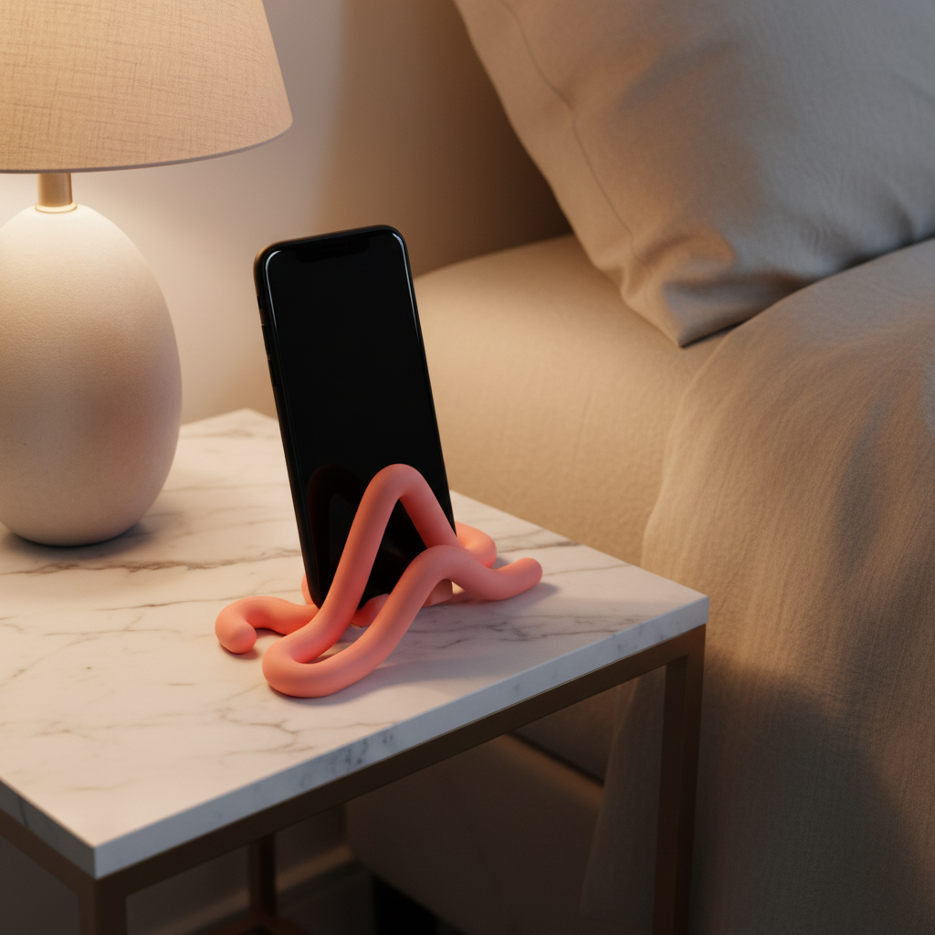Wibbly Phone Stand on marble bedside table