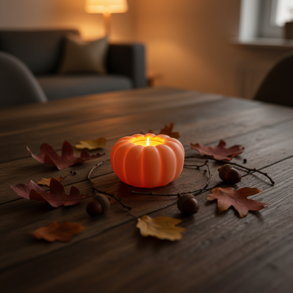 Beige ribbed pumpkin tealight holder glowing on rustic wooden table with autumn leaves lifestyle