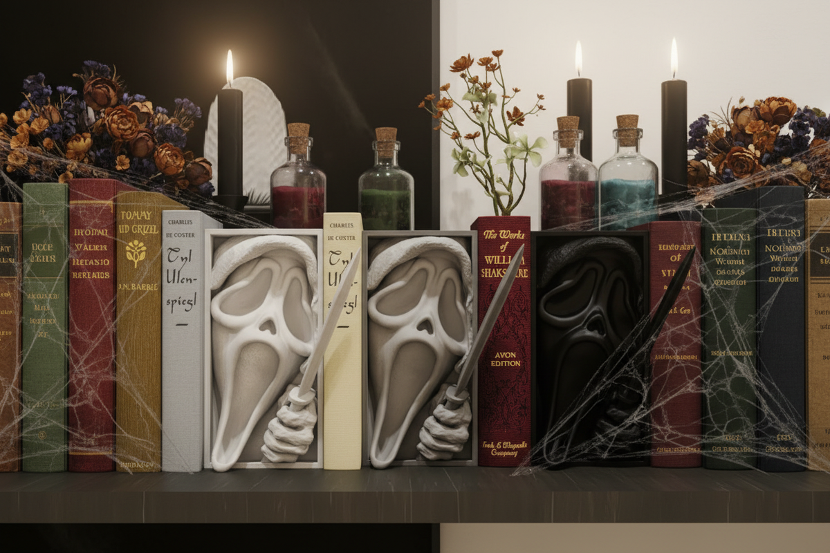Three Scream book nook relief sculptures grey white black framed boxes dark wooden shelves vintage books black candles potion bottles spider webs dried flowers atmospheric moody Halloween shelfie landscape editorial