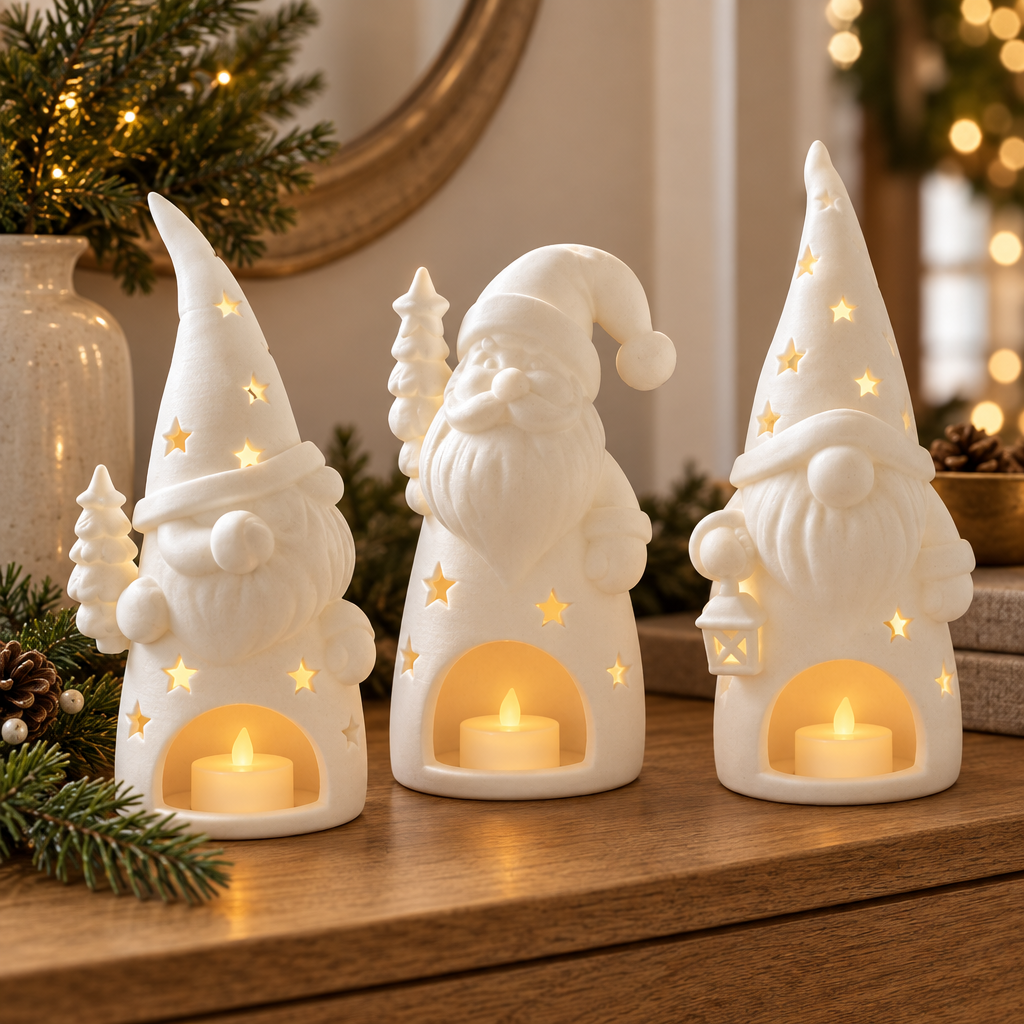 Three distinct Santa and gnome tealight holders styled on an oak entryway console