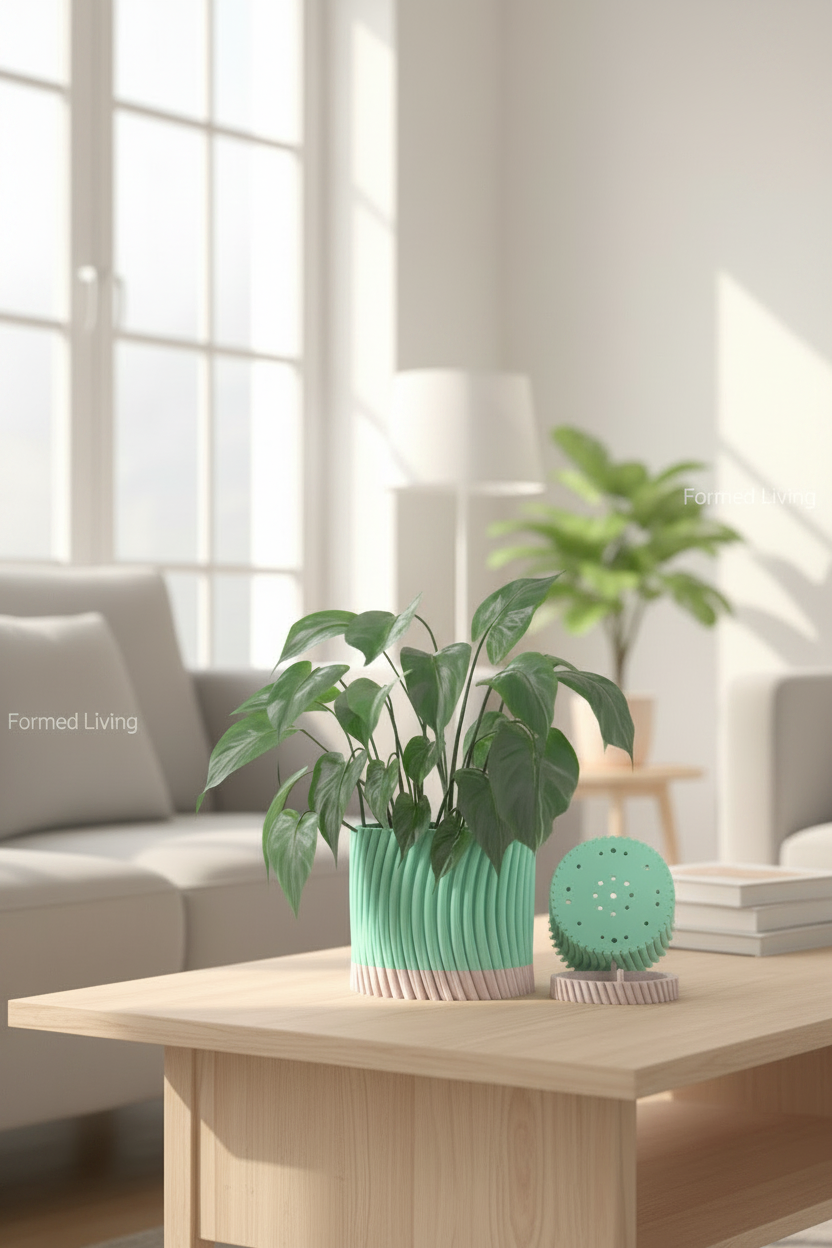 Modern Twist Self-Watering Planter sage green on oak coffee table Scandi living room