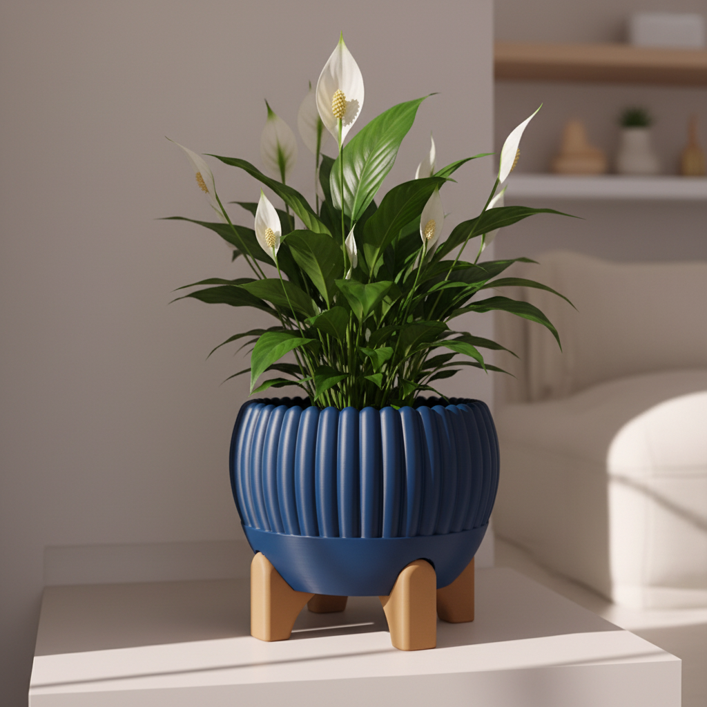 Deep blue Luma ribbed planter with a peace lily on a minimalist Japandi shelf