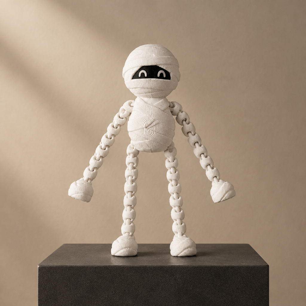 White skeleton fidget displayed upright on a charcoal plinth
