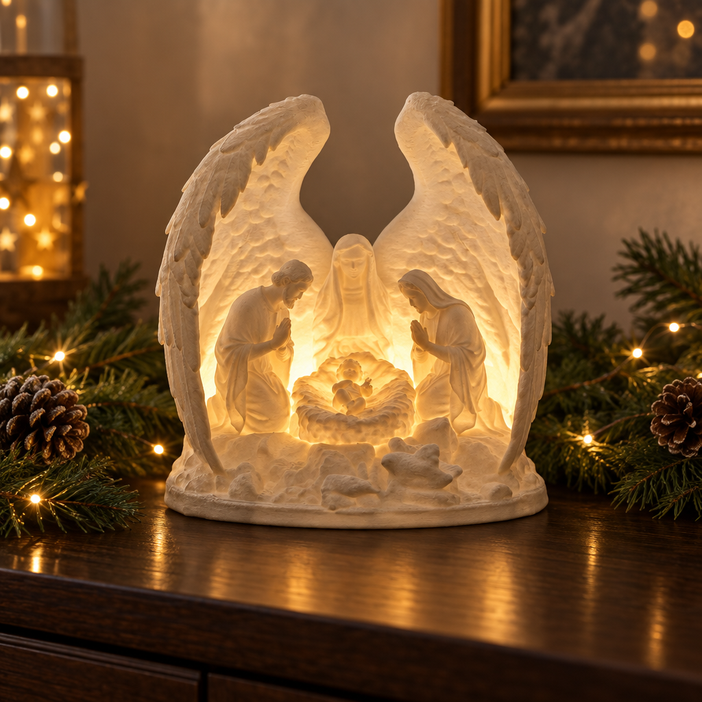 Nativity tealight holder styled on a dark wood sideboard