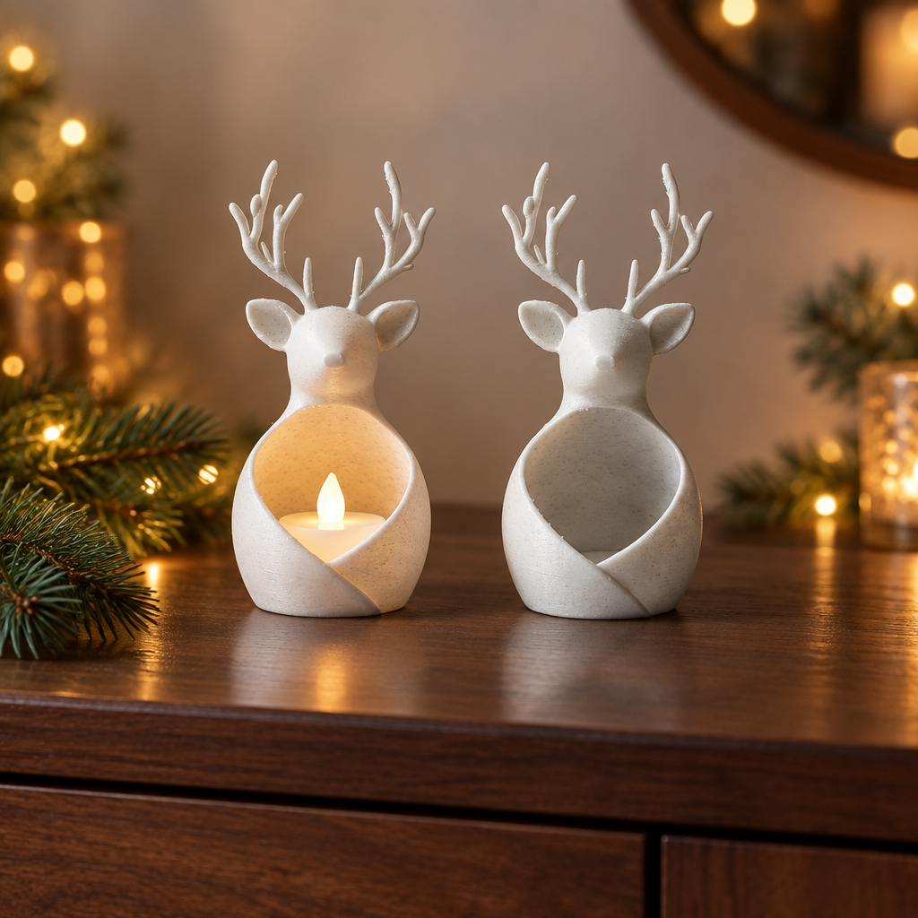 Silver reindeer tealight holders styled on a dark wood sideboard