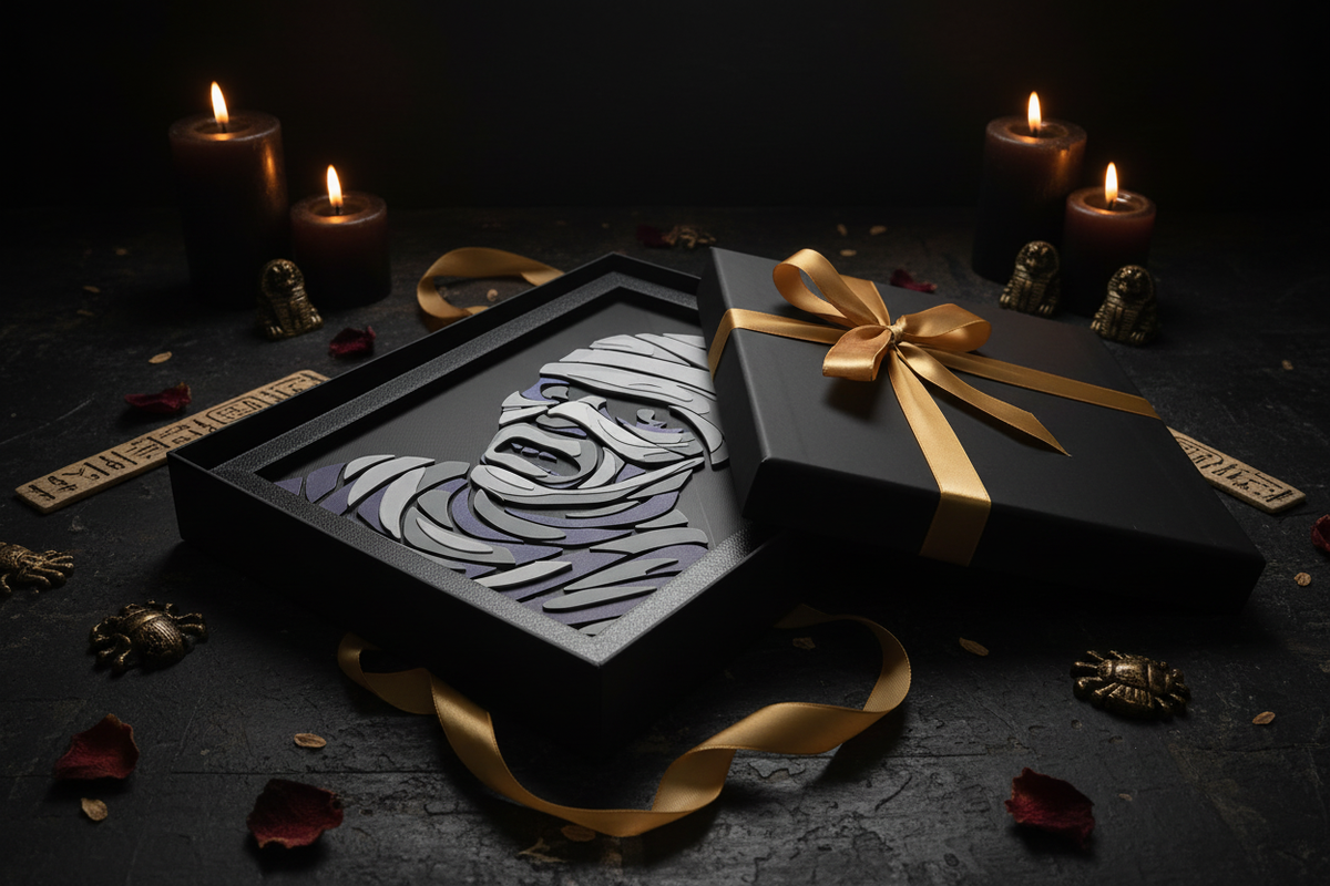 The Mummy Shadow Box presented as a gift in a matte black box with gold ribbon and Egyptian Halloween decorations